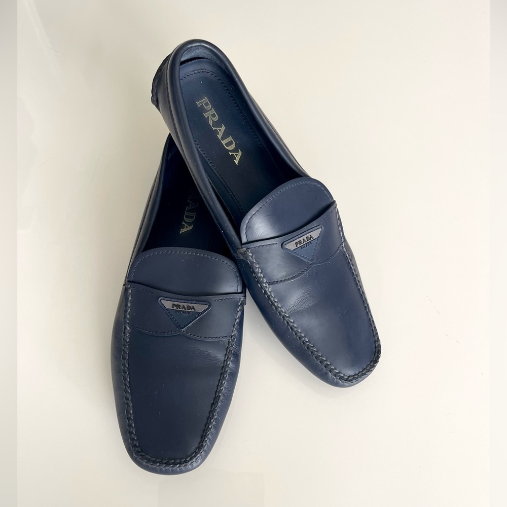 Prada Navy Leather Men’s Slip-On Loafers